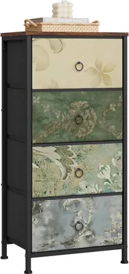 A four-drawer dresser with a metal frame and decorative drawer fronts.