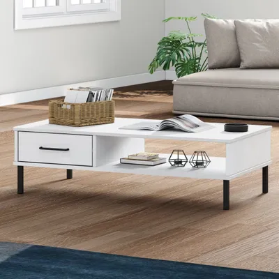 Produktbild von "Rabatt" Couchtisch modern - Wohnzimmertisch - Einfache Montage - OSLO mit Metallbeinen Weiß Massivholz Kiefer - Kaffeetisch CC15971