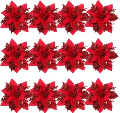 Produktbild von 12 Stück Weihnachtsstern-Blumen mit Glitzer, Christbaumschmuck, künstliche Blumen als Christbaumschmuck mit Stielen und Klammern (rot), Weihnachtsbaum Dekoration