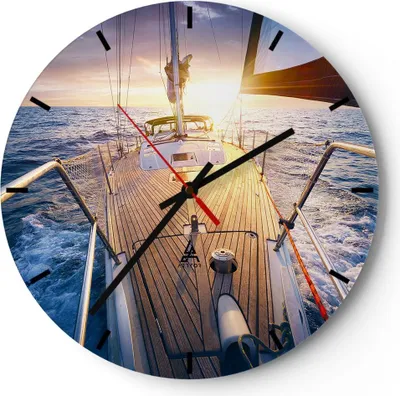 Produktbild von Wanduhr - Rund - Glasuhr - Segelboot Meer - 40x40cm - Schleichendes Uhrwerk - Lautlos - zum Aufhängen bereit - Dekoration Modern - Wanddekoration aus Glas - C3AR40x40-4076
