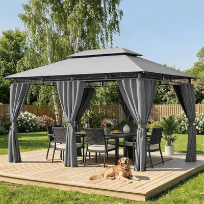 Produktbild von Gartenpavillon 3x4m Wasserdicht Stabil Doppeldach mit Seitenwänden UV-Schutz 50+ Metallrahmen Grau