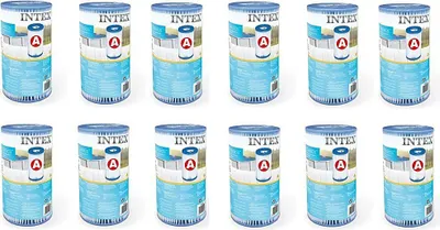 A grid of 12 identical Intex filter cartridges.