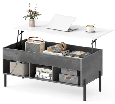 Produktbild von KOMFOTTEU Couchtisch mit Hubplatte, höhenverstellbarer Beistelltisch mit Stauraum, Wohnzimmertisch mit offenen Ablage & verstecktem Fach, Kaffeetisch für Wohnzimmer & Büro, 100 x 50 x 59 cm (Grau)