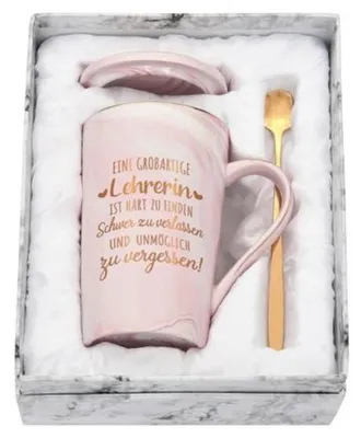 Productafbeelding van Koffiemok, afscheidscadeau voor een docente, 400 ml, roze, met lepel en deksel