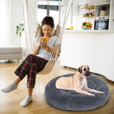 Produktbild von Ikodm Rundes Hundebett Katzenbett Ø 60 cm, Langplüsch, rutschfester Boden, Dunkelgrau