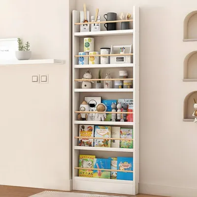 Image de Étagère bibliothèque pour chambre d'enfant, dimensions 60x10x178 cm, blanche, 6 étagères, avec système anti-basculement