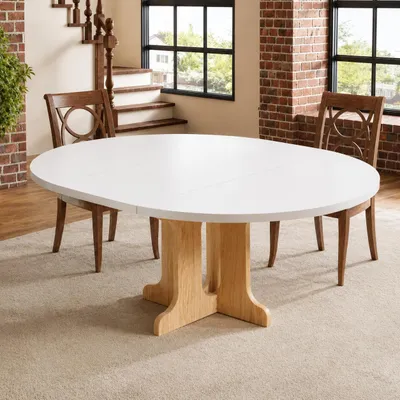 Produktbild von Runder Ausziehbarer Tisch Küchentisch 90-120 cm, 4-8 Personen Holz und weiß, Erweiterungsplatten intern, oval für Restaurant Wohnzimmermit Küche
