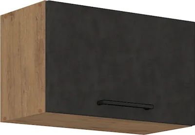 A single kitchen cabinet with a wood-grain side and a dark gray front.
