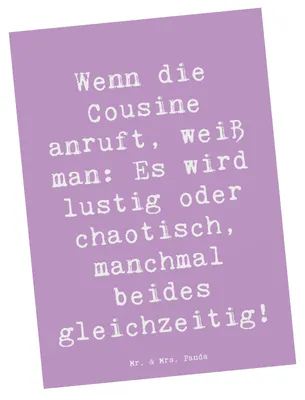 Produktbild von Mr. & Mrs. Panda Postkarte Spruch Cousine Abenteuer - Lavendeltraum - Geschenk, einzelkarte, Postkarten, Erinnerungen, Grußkarte, Ansichtskarten, Familienmitglieder