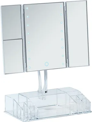A tri-fold LED makeup mirror with an organizer base, shown against a white background.