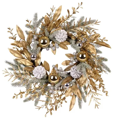 Produktbild von Türkranz Weihnachten 50 cm künstlich mit Tannenzapfen und Weihnachtskugeln Gold