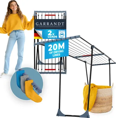 Zdjęcie produktu dla GARRANDT Stojak na pranie teleskopowy Black Edition – 20 m, z kółkami, stalowy, rozkładany, grube pręty
