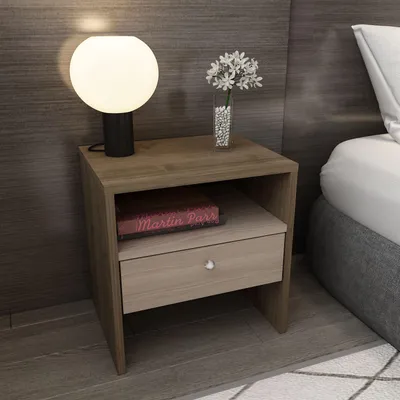 Imagen del producto de Skye Decor, modelo Nova: mesa de noche en nogal, con estructura de aglomerado, dimensiones: 45 x 46,8 x 35 cm