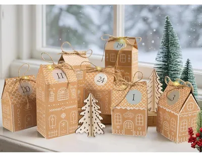 Productafbeelding van Adventskalender om zelf te vullen, met 24 huisjes van speculaas, dozen, knutselmateriaal, LED-lichtketting, jutesnoer, cijferstickers en kraftpapier, in 2 verschillende maten