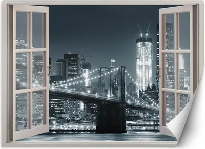 Obrázok produktu pre Vliesová fototapeta Okno New York Brooklynský most čiernobiely 280x200 cm Feeby Sivá lepidlo je súčasťou dodávky jednoduchá inštalácia