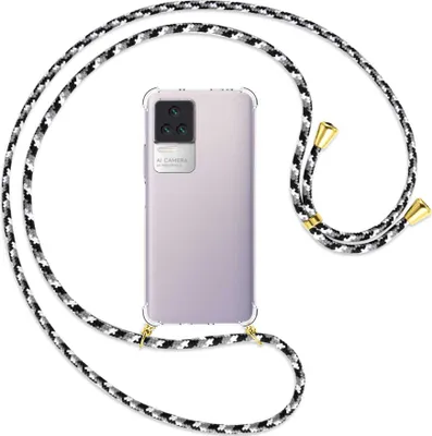 Produktbild von Handykette Backcover-Schutzhülle mit Band (Metall goldfarben) für Xiaomi Poco F4 5G / Redmi K40S  - schwarz/grau/weiß