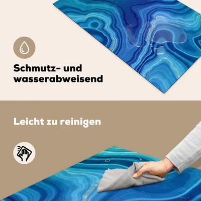 Produktbild von KitchenYeah© Herdabdeckplatte Marmor - Achat - Blau - Steine , 91x52cm, Küche Deko, Glaskeramikkochfeld Herdabdeckung, Abdeckplatte fùr Kochfeld