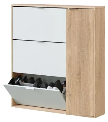 Produktbild von Schuhschrank Provo, Schuhschrank mit 4 Türen, Niedriger Mehrzweckschrank mit 5 Einlegeböden, Modernes Schuhregal, 106x22h115 cm, Eiche und Weiß