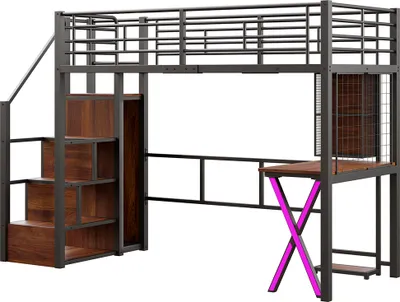 Produktbild von Sweiko Hochbett 90x200cm , Ambientelicht, Ablageleiter, Schreibtisch, Kleiderschrank, Regale, ohne Matratze, Schwarz