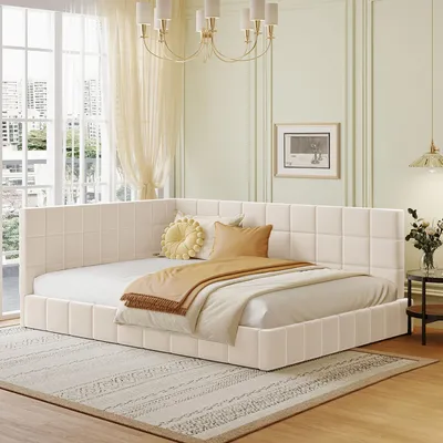 Productafbeelding van Slaapbank 140x200 cm, met LED-verlichting, met lades, met gestoffeerd hoofdeinde, met lattenbodem, beige