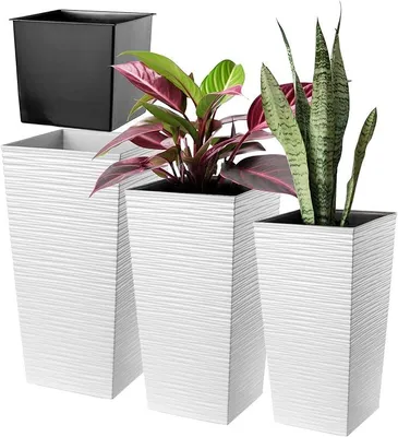 Produktbild von 3er Set Pflanzkübel mit Innentopf 36/46,5/57,5 cm Höhe, Weiß – wetterfeste & robuste Blumenkübel aus Kunststoff, Blumentöpfe für Innen- & Außenbereich