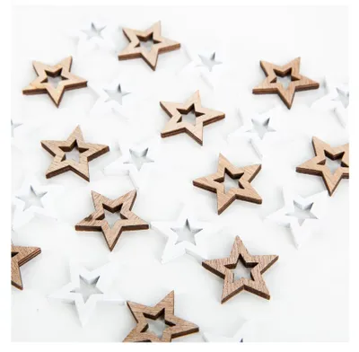 Produktbild von 24 Mini Holzsterne weiß braun Natur 2,5cm Set als Streudeko