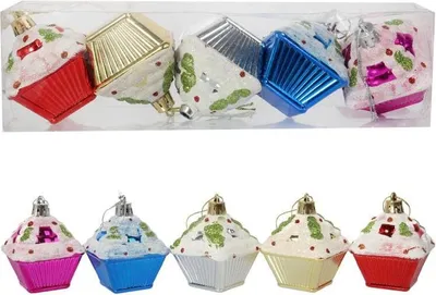Imagen del producto de Juego de 5 adornos navideños coloridos con forma de cupcakes, decorados con purpurina