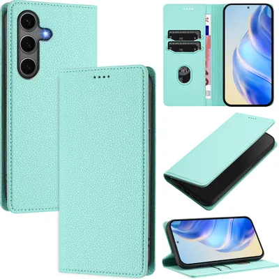 Image de Etui en cuir pour Samsung Galaxy S25+, Litschi cuir, étui portefeuille avec fentes pour cartes et support Turquoise