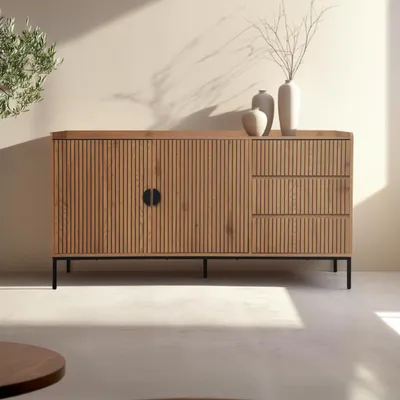Immagine prodotto di Credenza con 2 ante e 3 cassetti in acciaio decoro melaminico beige - Oviala Dakota