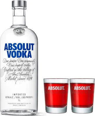 Produktbild von Absolut Vodka Original Set mit 2 Shot Gläsern, Premium Wodka, Schnaps, Spirituose, Alkohol, Flasche, 40 %, 1 L