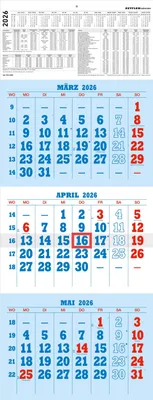 Produktbild von Zettler 3-Monatskalender blau/rot 2026 - Wandkalender 30 × 78 cm, 12 Blatt, 3 Monate auf 1 Blatt, mit Datumschieber, Wochenzählung, Mondphasen, Ferientermine, Jahresübersicht, Kopftafel 15 cm,