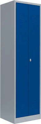 A tall, narrow metal locker with two blue doors and a gray frame.