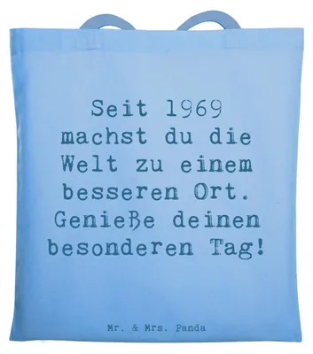 Produktbild von Mr. & Mrs. Panda Jutebeutel Spruch 1969 Geburtstag - Sky Blue - Geschenk, Tote Bag, Geburtstagsüberraschung, magische Präsenz, Geburtstagsgeschenk, Schultasche, Jubiläum
