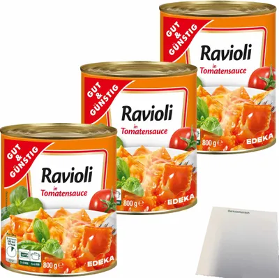 Produktbild von Gut & Günstig Ravioli in Tomatensauce gefüllte Teigtaschen mit fleischhaltiger Füllung 3er Pack (3x800g Dose) + usy Block