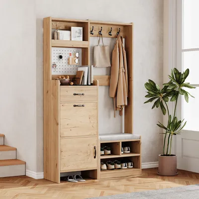 Produktbild von STILVORA Garderoben-set mit 4 Kleiderhaken, 1 Schubladen und 2 Türen, Flurgarderobe Set mit Schuhbank, Wandgarderobe, Natural