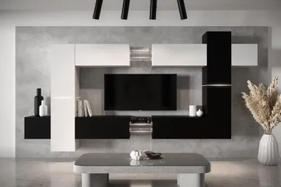 Produktbild von Furnitech Wohnwand Wohnzimmer - Wohnzimmer Möbel mit LED RGB - 16 Farben - Hängend Wohnwand Modern - Regale und TV Schrank (AN91NEW-21WB-M7 MATT)