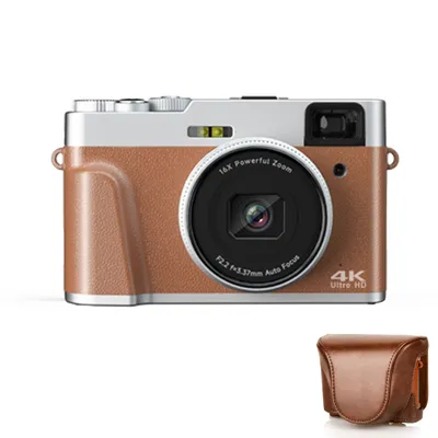 Produktbild von ZELURXX Digitalkamera mit Retro Ledertasche, 4K HD, Geschenk für Kinder, Studenten, Makrofotografie, Braun