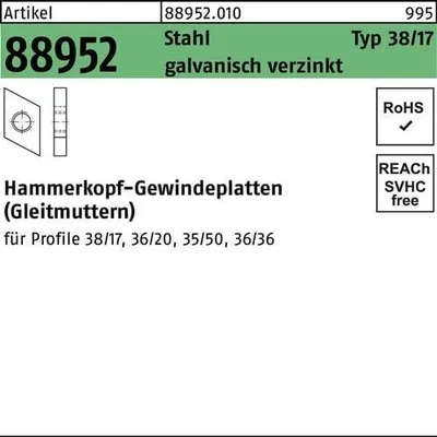 Produktbild von Reyher  Hammerkopf-Gew.platten Typ 38/17, M 12, Zn (100 Stück)