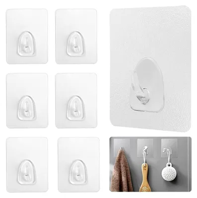 Produktbild von Selbstklebende Haken, 6 Stück Transparent, Wiederverwendbare Haken für Küche, Bad, Türwand, Handtuch, Kleidung, Max 10Kg (6×8Cm)
