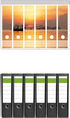 Produktbild von Wallario 6 Stück breite Ordner inkl. Klebeetiketten mit Motive Thailändisches Fischerboot vor Sonnenuntergang -  Set mit Rückenschildern / Ordnerrücken Stickern