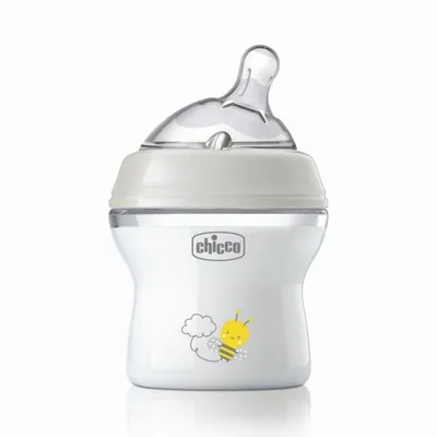 A baby bottle with a bee and cloud graphic on a white background.