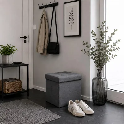 Produktbild von belviona Sitzhocker mit Stauraum, faltbare Sitzbox mit Leinenbezug, gepolsterte Sitzfläche & 40 l Stauraum, 38x38x38 cm, grau