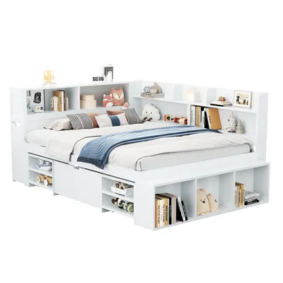 Produktbild von MODFU Kinderbett Schlafsofas Holzbett 140x200cm mit Schubladen und Lattenrost, Jugendbett mit Bücherregal und Stauschrank, großer Stauraum, weiß