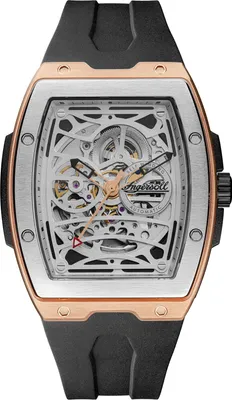 A skeletonized automatic watch with a rose gold bezel and black strap.