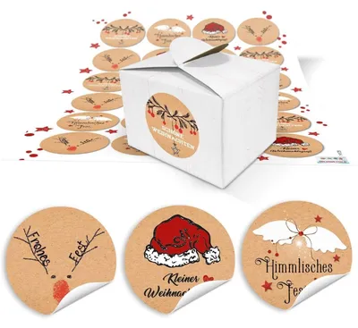 Produktbild von 24 kleine weiße Geschenkboxen Geschenkschachteln 8 x 6,5 x 5,5 + 24 runde Weihnachts-Geschenk-Aufkleber in rot weiß schwarz braun mit Grüßen … Frohe Weihnachten, Frohes Fest, … 14126