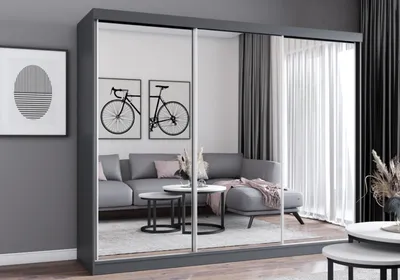 Produktbild von Easy4You MN Grau Schiebetürenschrank Kleiderschrank 250x215x62 cm mit Spiegel - Schlafzimmermöbel, Aufbewahrung – Mehrzweckschrank mit 3 Kleiderstangen und 3 Schubladen