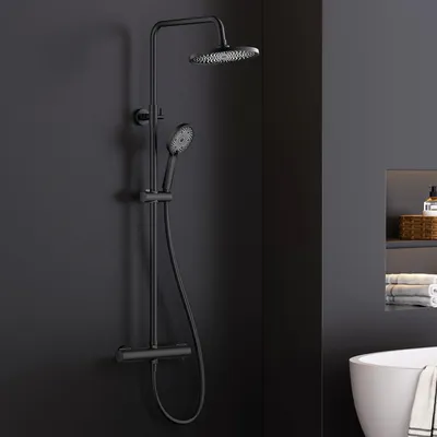 Doucheset mit Thermostat, Regendusche 25 cm, höhenverstellbar 90-125 cm, schwarz