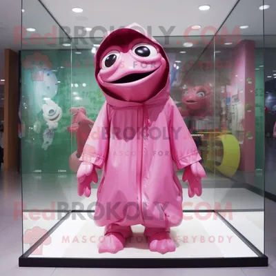 Produktbild von Rosafarbener REDBROKOLY Frosch Maskottchen Kostüm charakter bekleidet mit einem Regenmantel und Ohrringen