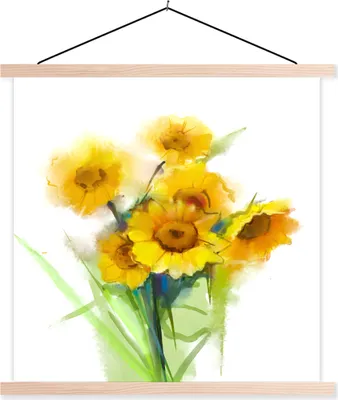 Produktbild von MuchoWow® Textilposter Ölfarbe - Sonnenblumen - Farben 120x120 cm mit holzfarbenen Rahmen - Textil-Poster