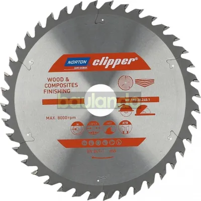 A circular saw blade with text and logos printed on it, presented against a light gray background.